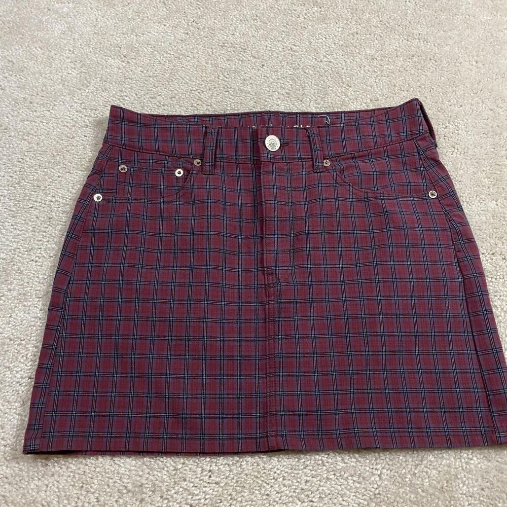 American Eagle Skirt Womens 31 Red Plaid Hi-Rise Mini Pockets Casual Preppy